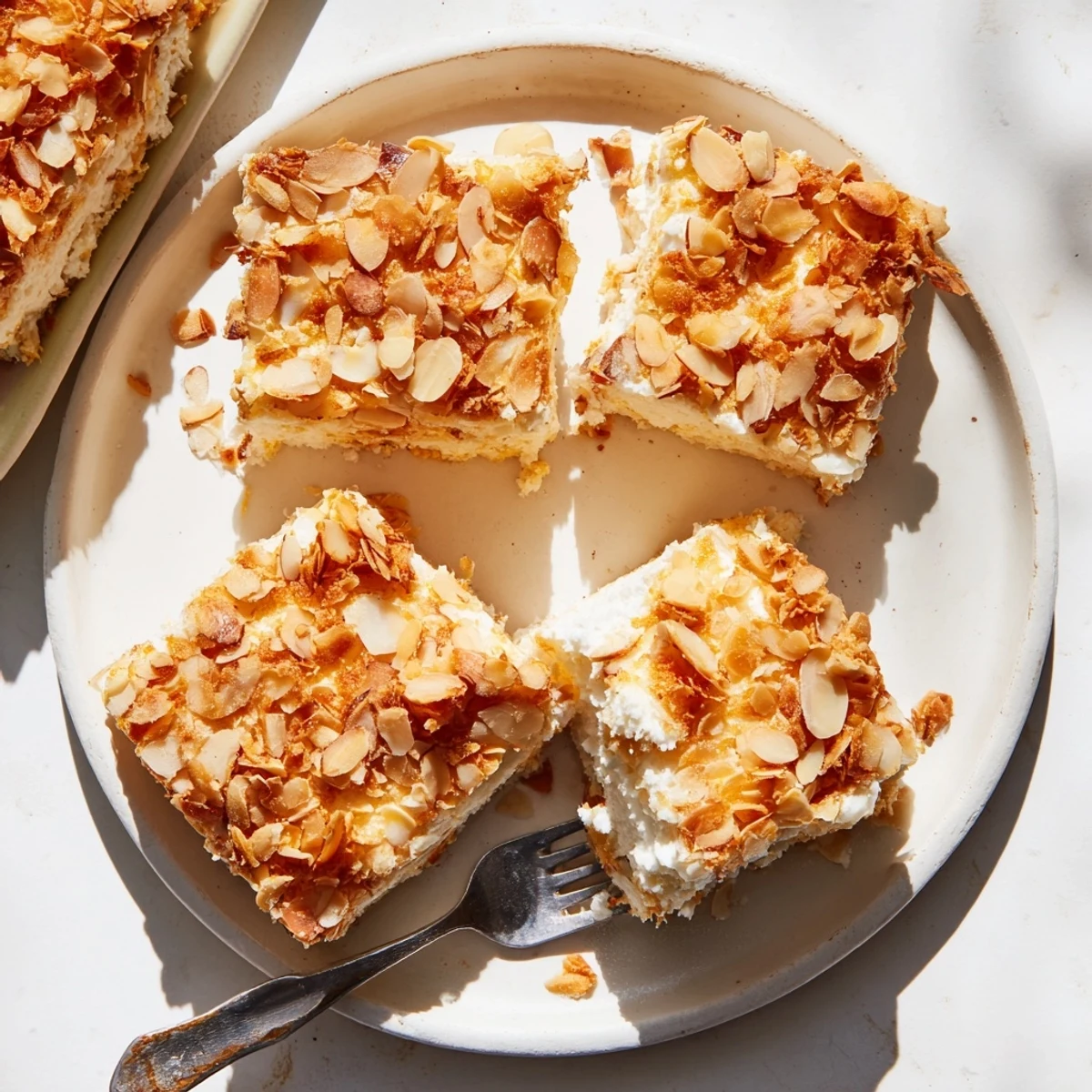 Fluffy easy ricotta cloud squares fresh from the oven with golden almond topping