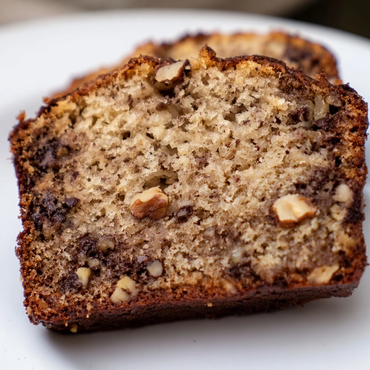 Slice of super moist banana bread revealing its soft texture, served on a white plate with optional walnuts scattered nearby