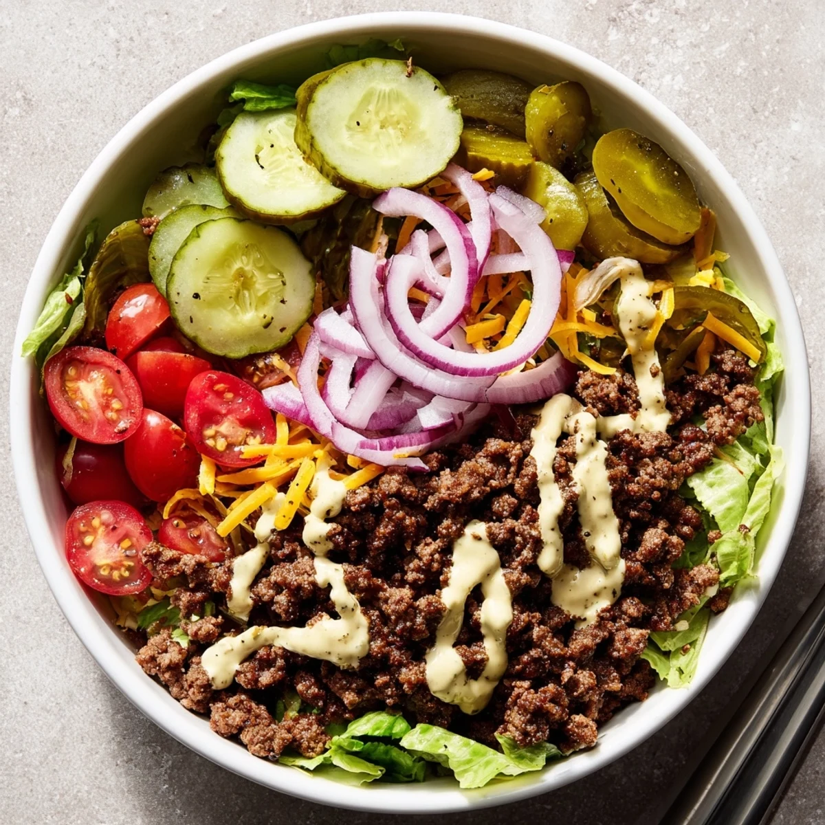 Low-carb burger bowls featuring seasoned beef, crunchy vegetables, creamy dressing, and savory bacon toppings