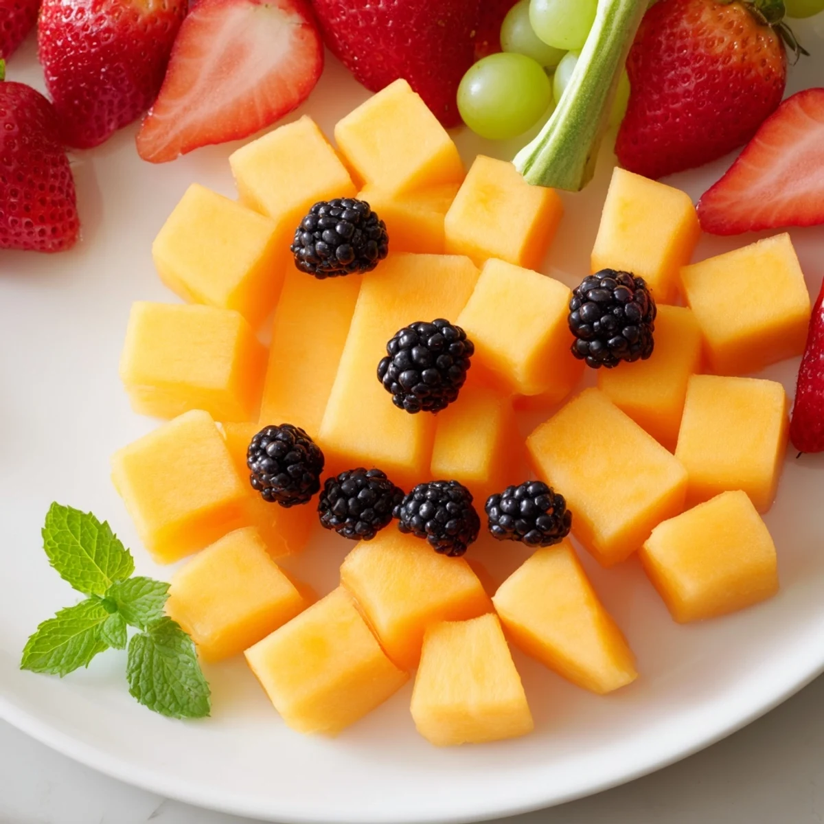 Healthy pumpkin-shaped arrangement featuring cantaloupe, green grapes, and blackberries on a white serving platter