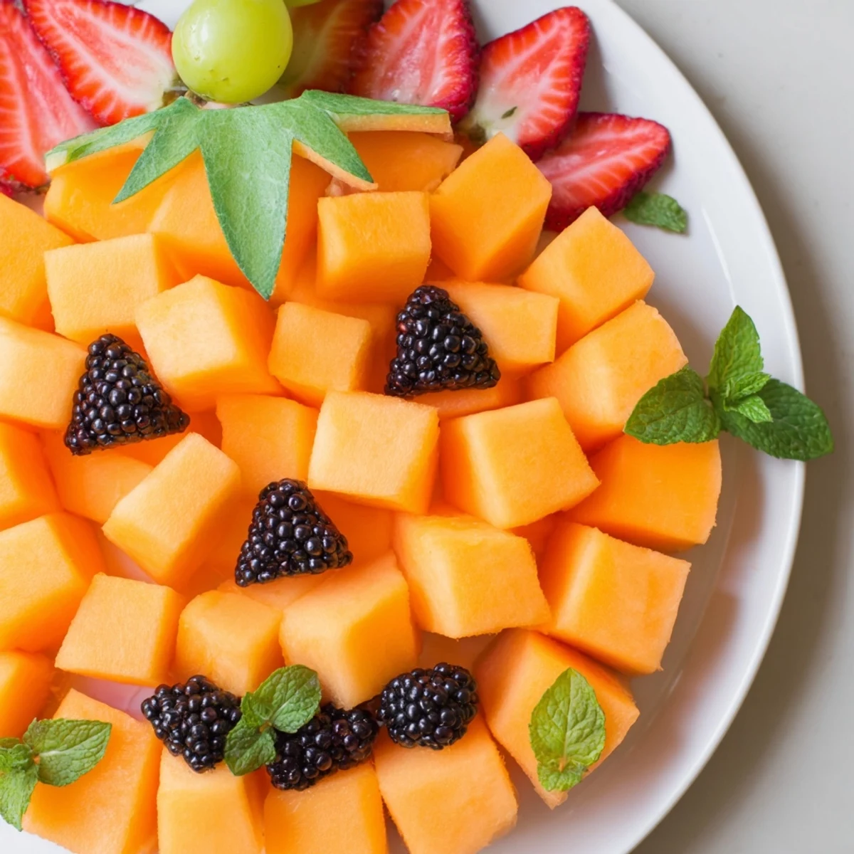 Festive pumpkin fruit tray Halloween platter with cantaloupe body and fresh berry face decorations