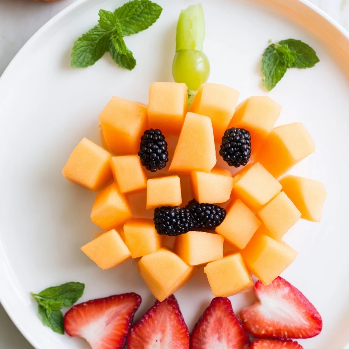 Vibrant Halloween fruit platter displaying a smiling pumpkin made from colorful fresh melon and berries