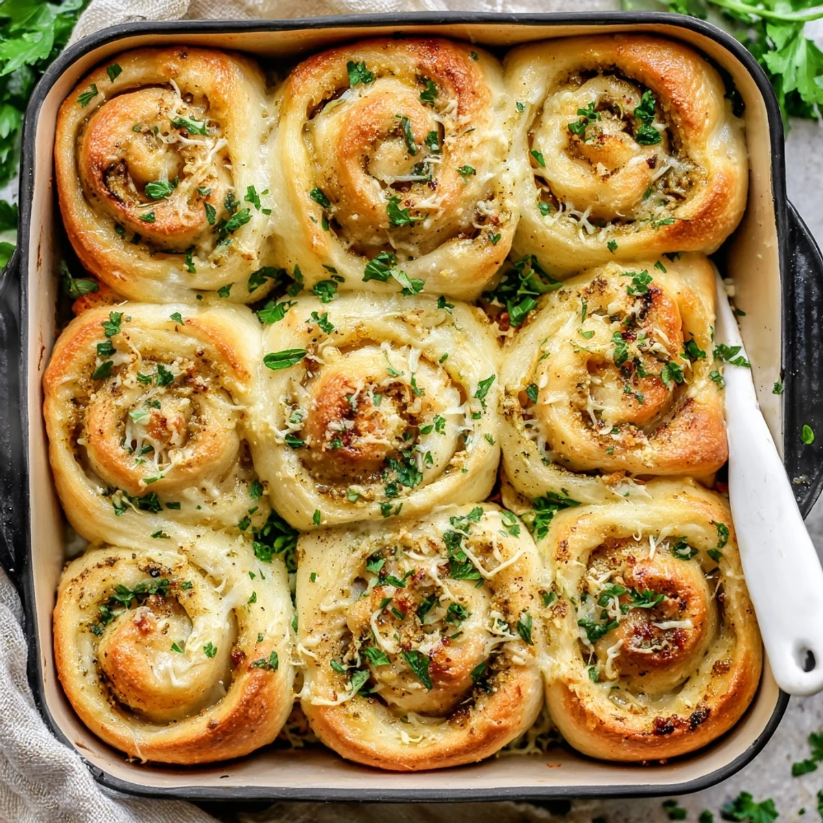 Golden buttery cheese garlic rolls fresh from the oven with melted mozzarella and parsley garnish