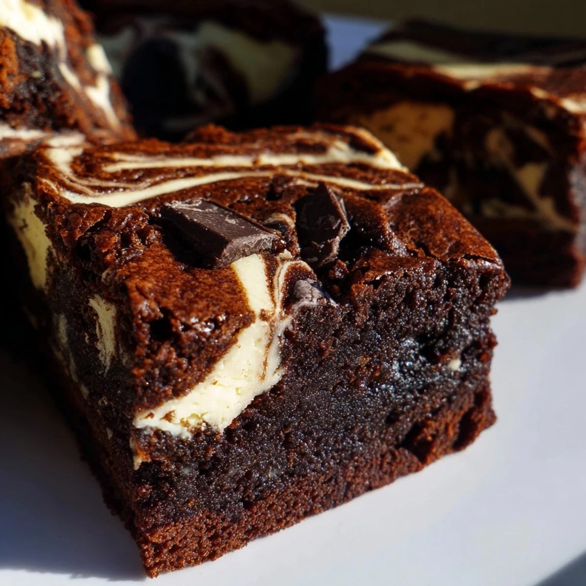 Freshly baked cheesecake swirled brownies displaying beautiful white cream cheese ribbons throughout dark chocolate batter
