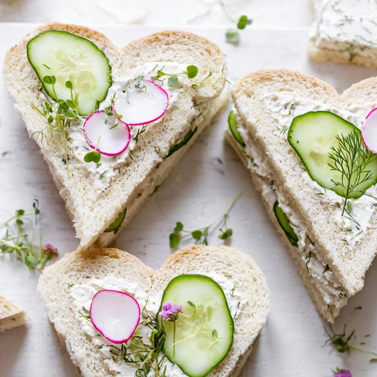 Elegant heart shaped tea sandwich board with cucumber, egg salad, and smoked salmon varieties garnished with fresh radishes and microgreens