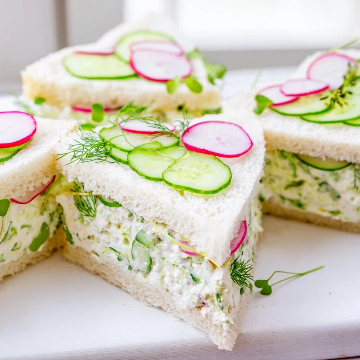 Charming heart shaped tea sandwich board displaying three savory varieties topped with radish slices, microgreens, and lemon wedges