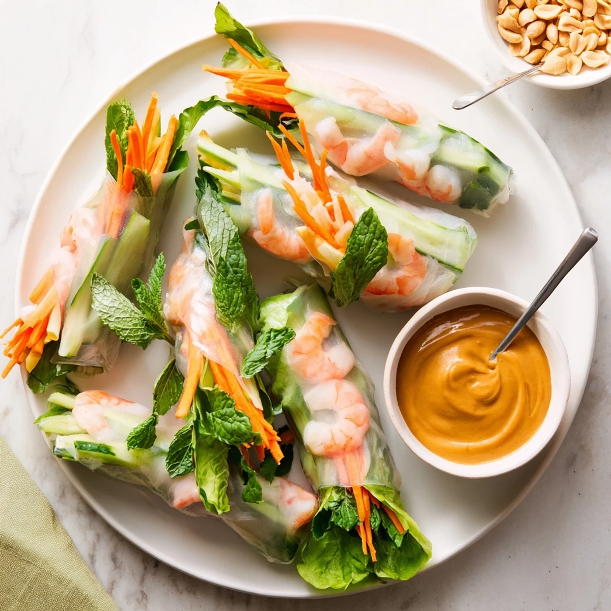 Gordon Ramsay Fresh Spring Rolls with Peanut Sauce featuring translucent rice paper filled with colorful julienned vegetables and pink shrimp