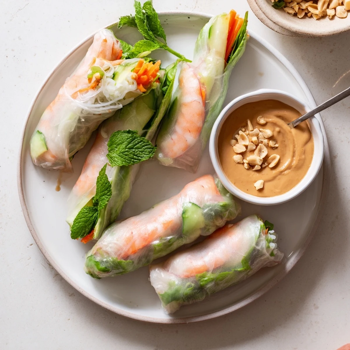 Vietnamese fresh spring rolls with peanut sauce showcasing crisp cucumber carrot ribbons and tender shrimp through transparent wrappers