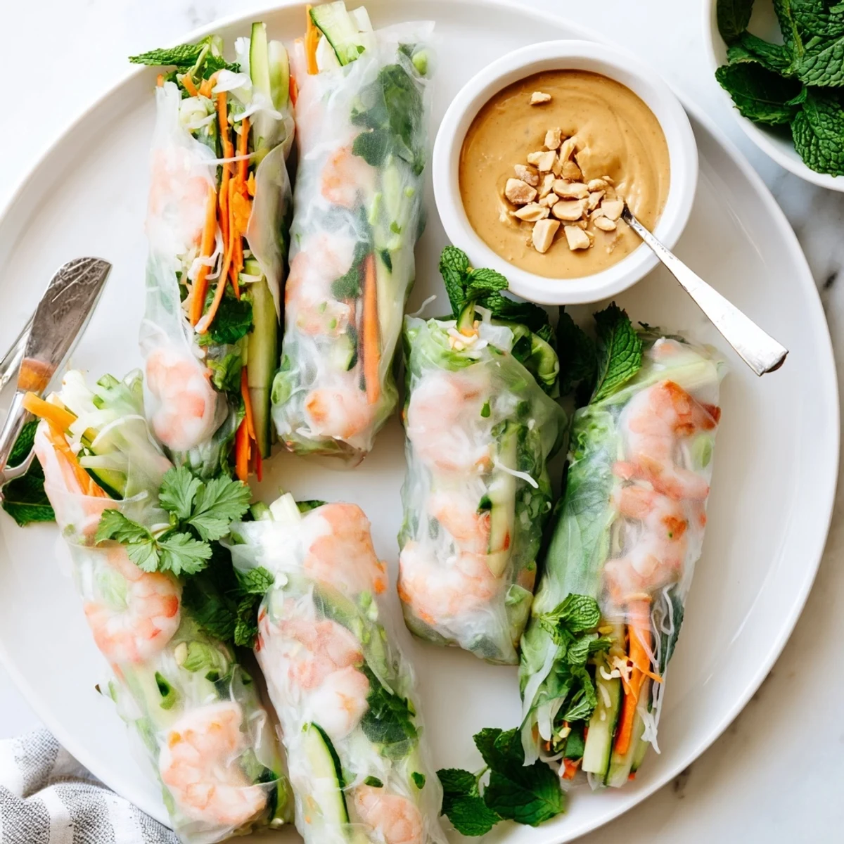 Homemade fresh spring rolls with peanut sauce arranged on white plate alongside creamy dipping bowl with garnish