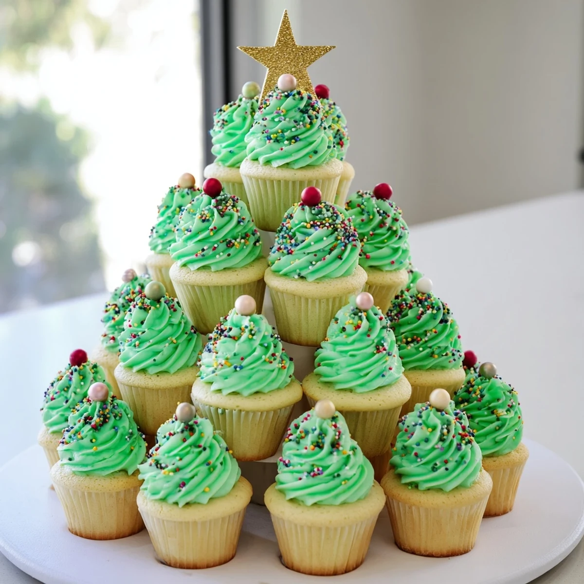 Green frosted cupcake Christmas tree tower with ornament sprinkles for holiday parties