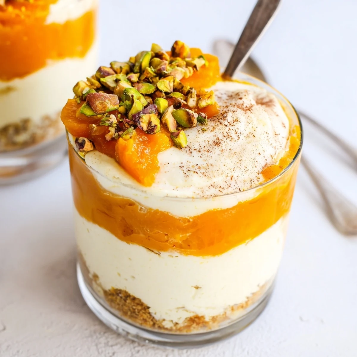 Individual no-bake persimmon cheesecake glasses showcasing layered graham cracker crust, smooth dairy-free filling, and fresh fruit