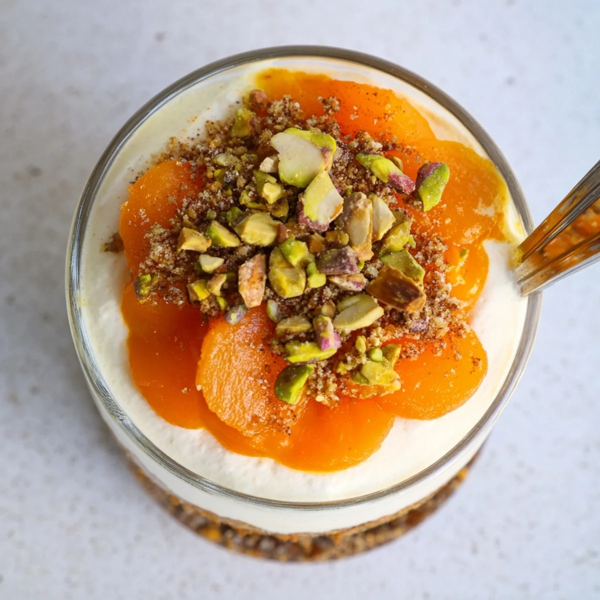 Elegant layered dessert glasses featuring sweet persimmon cheesecake with cinnamon sprinkle and nut garnish on top