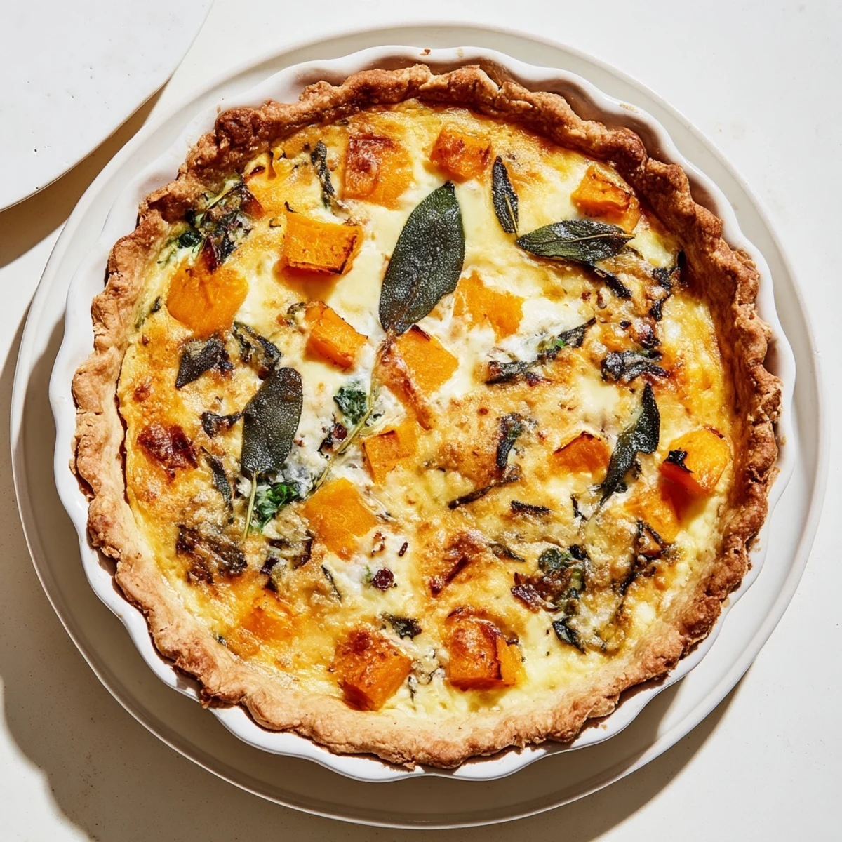 Golden brown Halloween pumpkin butternut squash pie featuring a flaky golden crust and creamy orange filling speckled with green spinach and melted Gruyere cheese