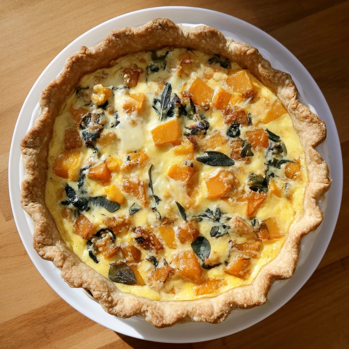 Savory Halloween pumpkin and butternut squash pie slice served on white plate, revealing the vibrant orange vegetable custard layered with wilted spinach and sharp cheddar