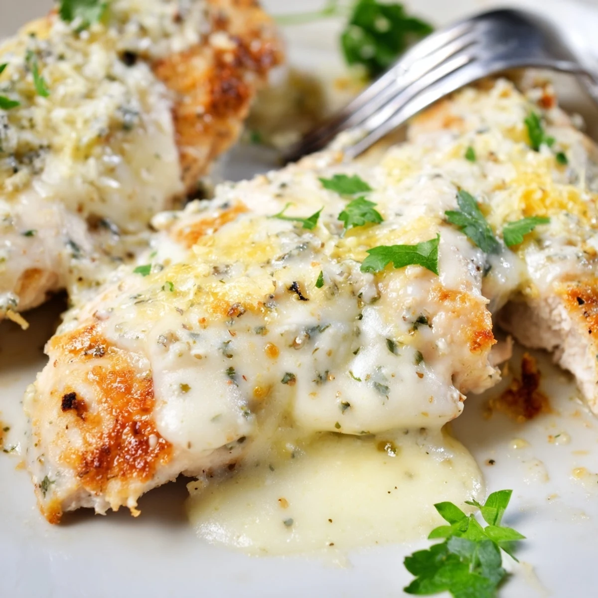 Baked chicken dish featuring creamy Caesar dressing and golden brown cheese topping ready to serve
