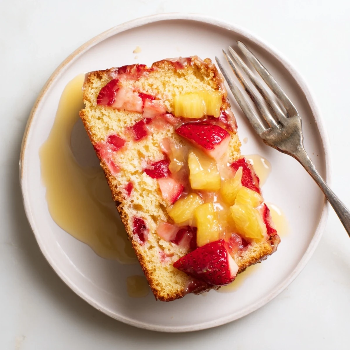 Moist strawberry pineapple pound cake loaf with juicy red fruit pieces and golden crumb