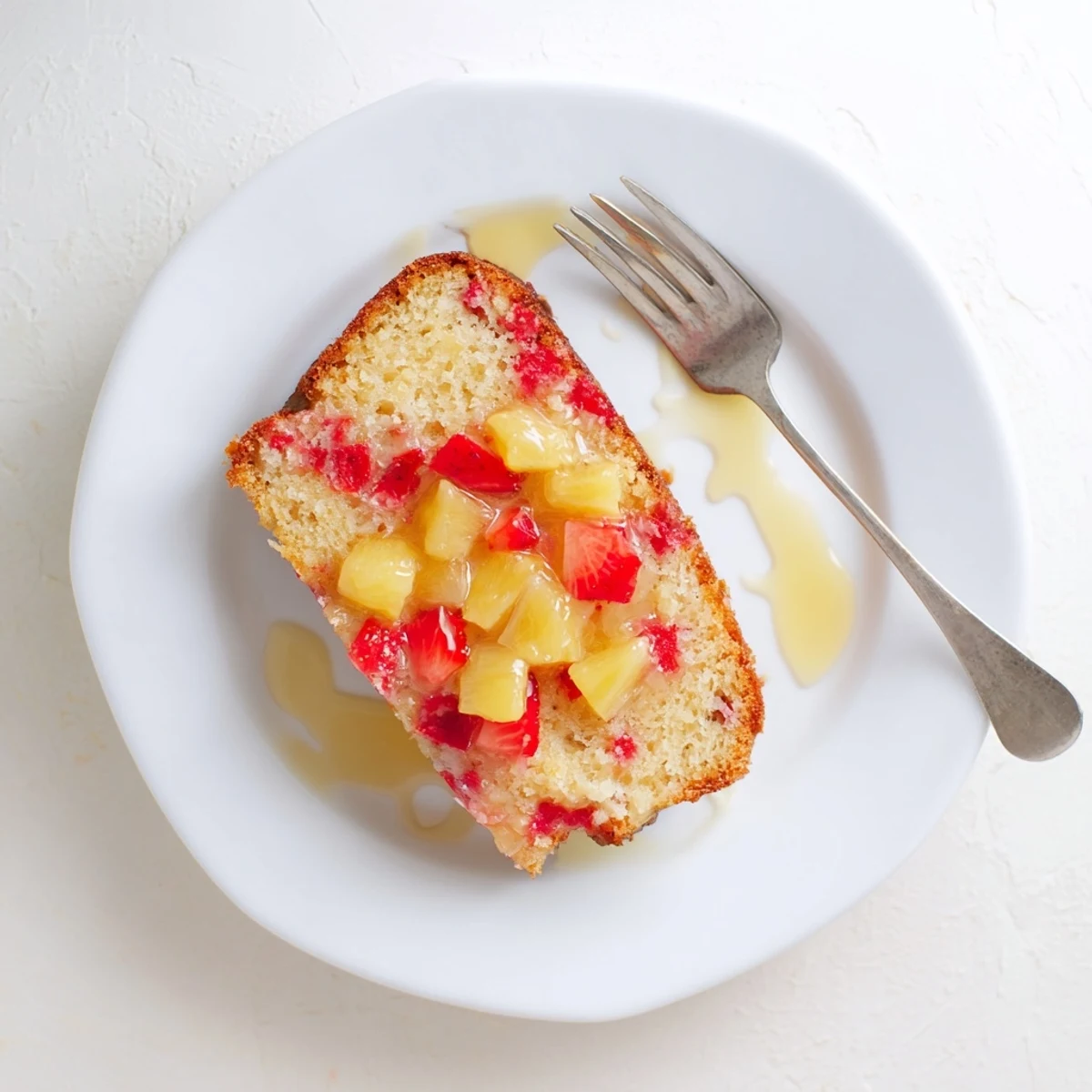 Slice of strawberry pineapple pound cake topped with optional pineapple glaze on white plate