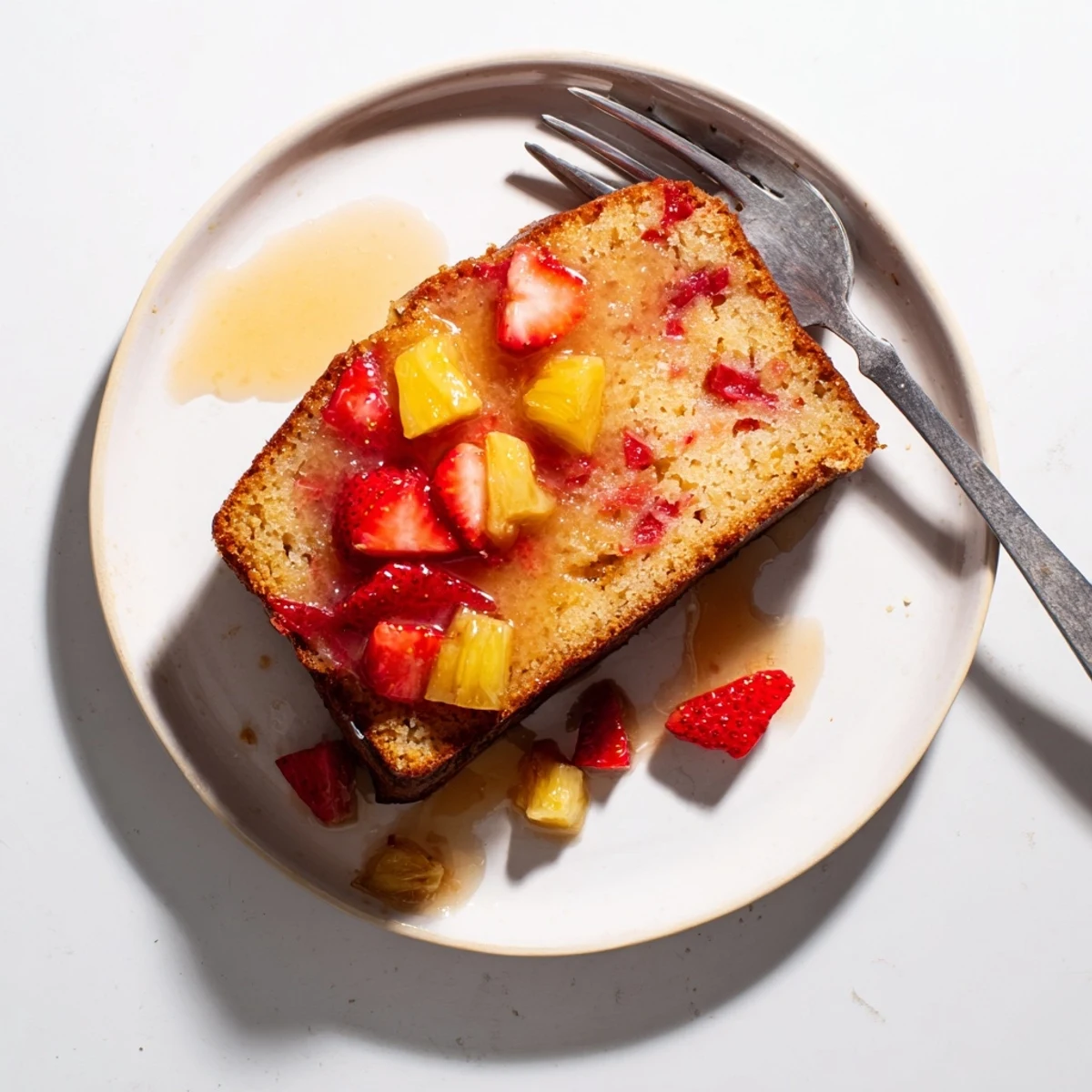 Fresh baked strawberry pineapple pound cake bundt with sweet strawberries and tropical pineapple throughout