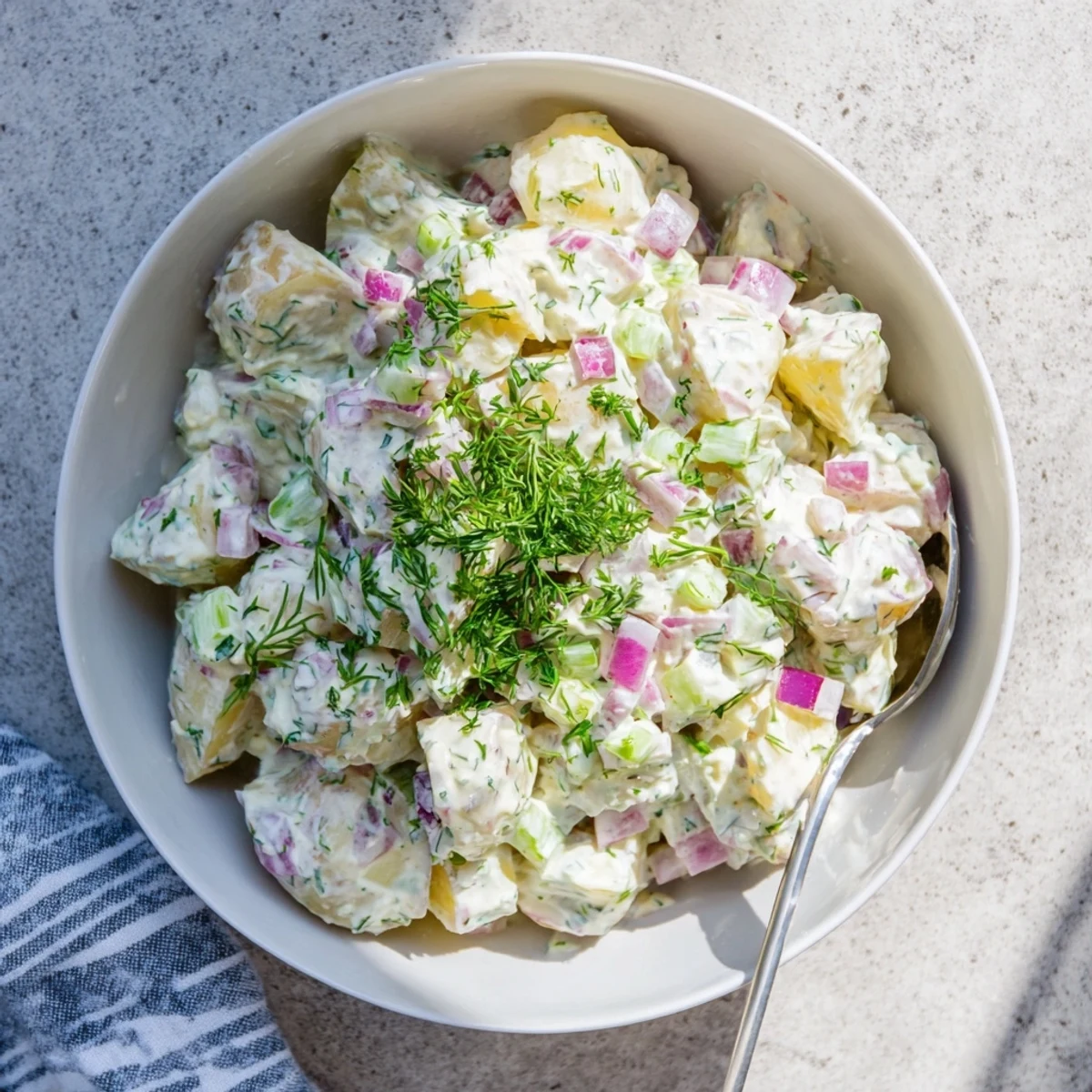 Light and tangy Greek yogurt potato salad featuring red onion, dill, and parsley tossed in a creamy yogurt dressing