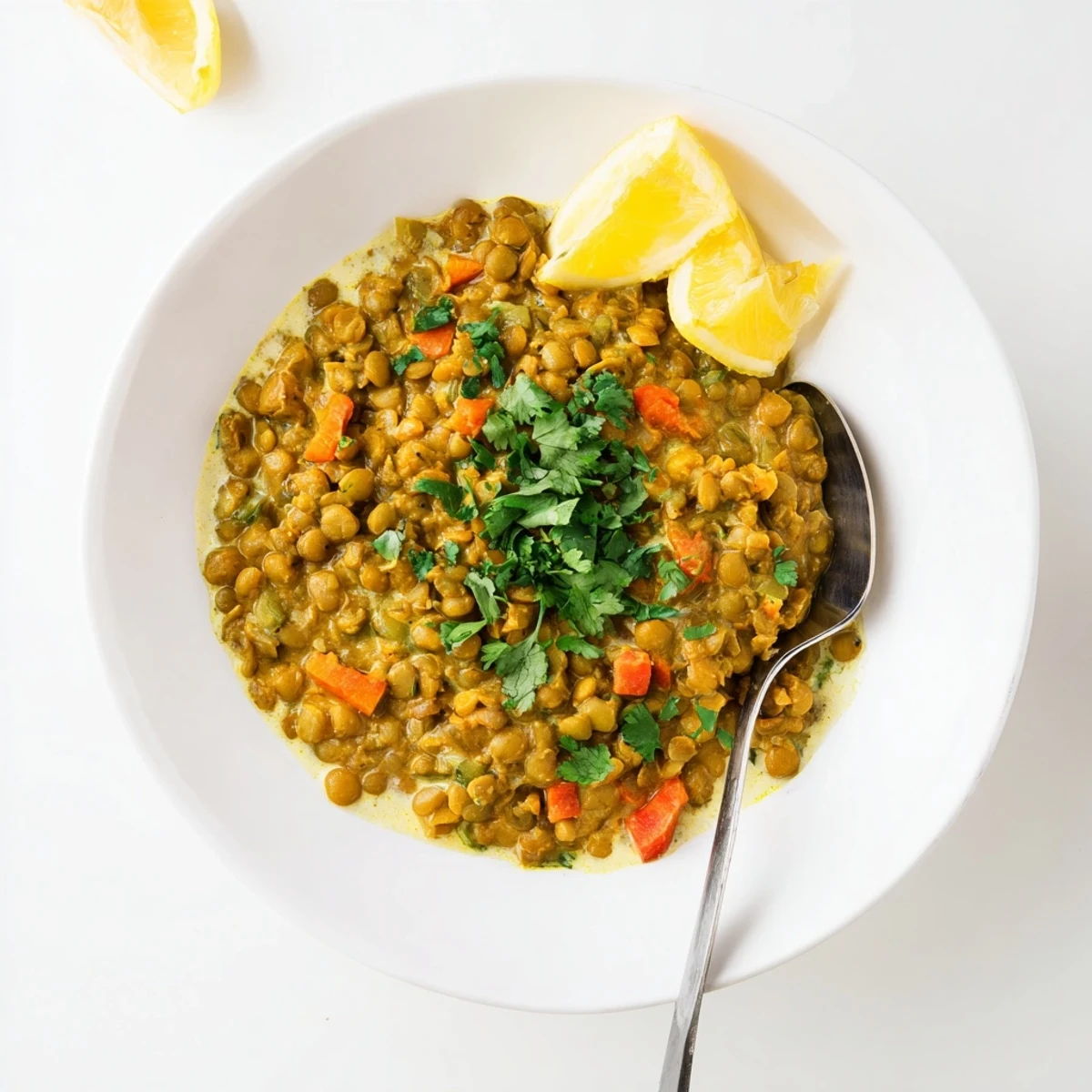 Golden spiced Greek yogurt lentil curry steaming hot over fluffy white basmati rice