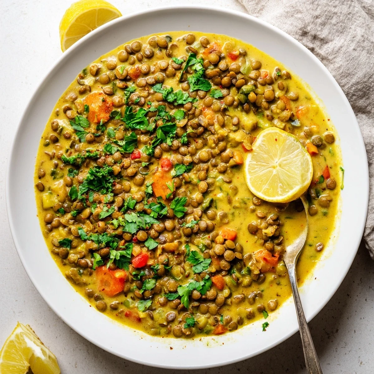 Velvety Greek yogurt lentil curry topped with herbs alongside warm naan bread