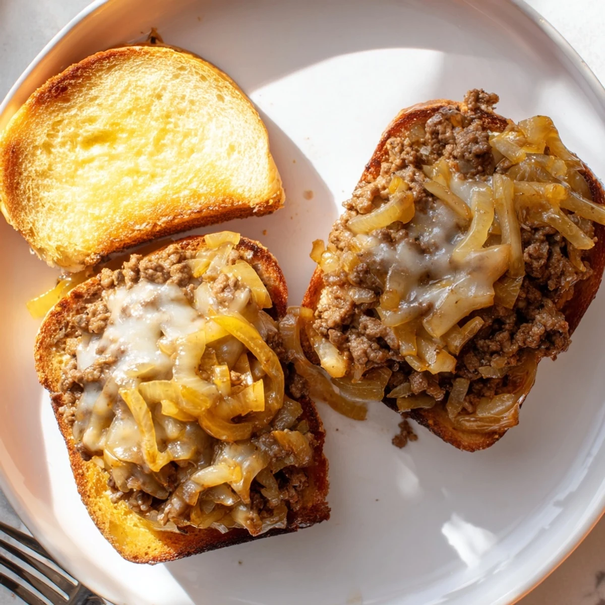 Golden caramelized onions and seasoned ground beef piled high on toasted brioche buns with melted provolone cheese