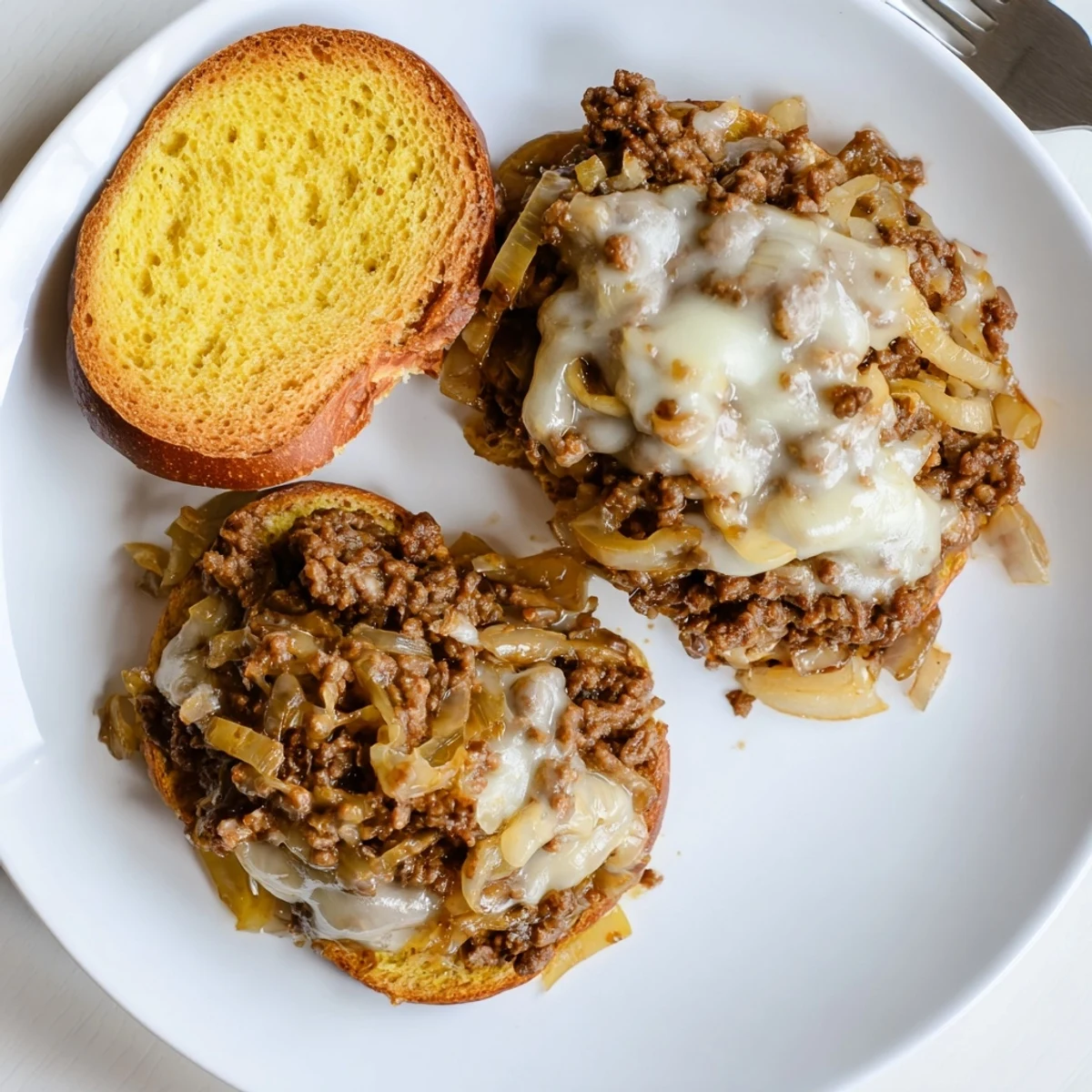 French Onion Beef Sloppy Jores served open-faced featuring rich beef and onion mixture topped with bubbly Gruyère cheese