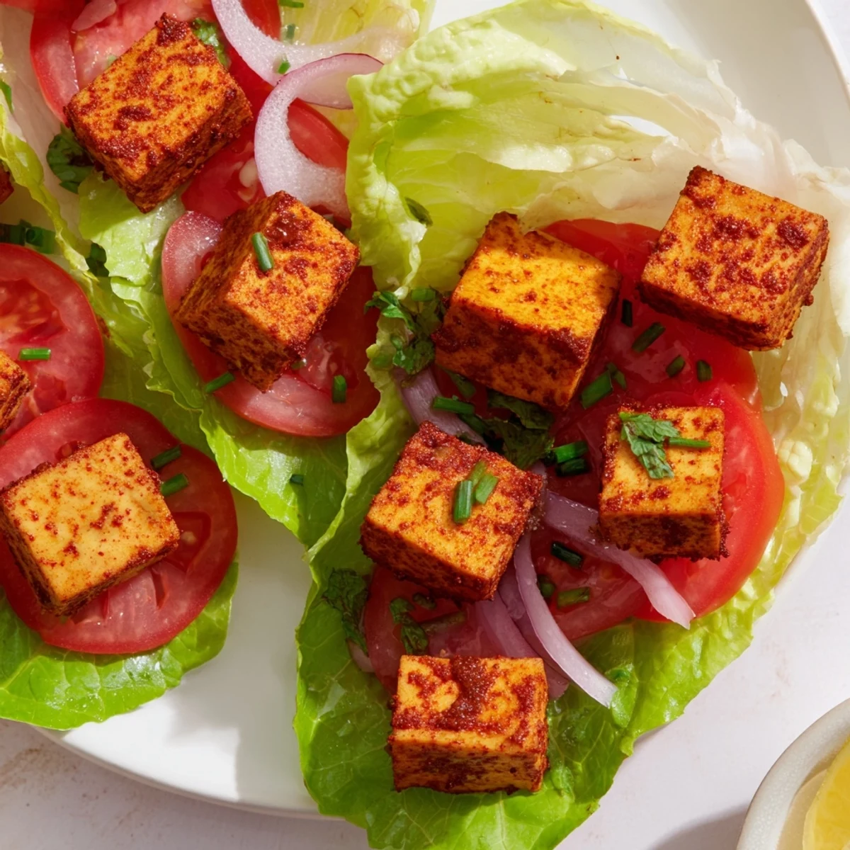 Golden smoky tofu cubes nestled over crisp lettuce and juicy ripe tomato wedges