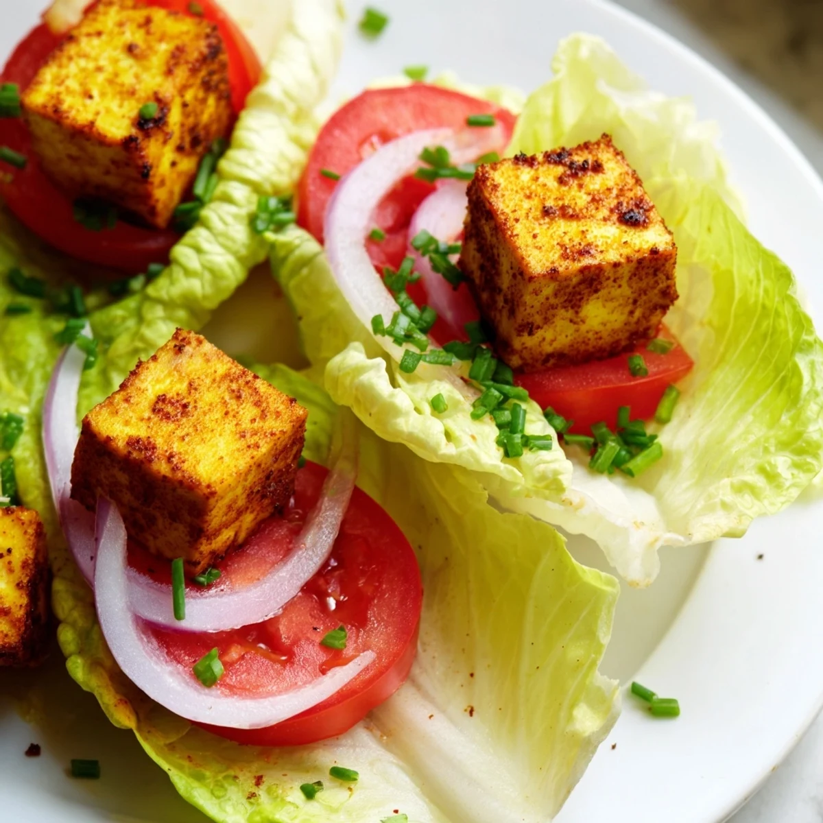 Fresh summer salad featuring pan-fried smoky tofu with crunchy vegetables and tangy lemon dressing