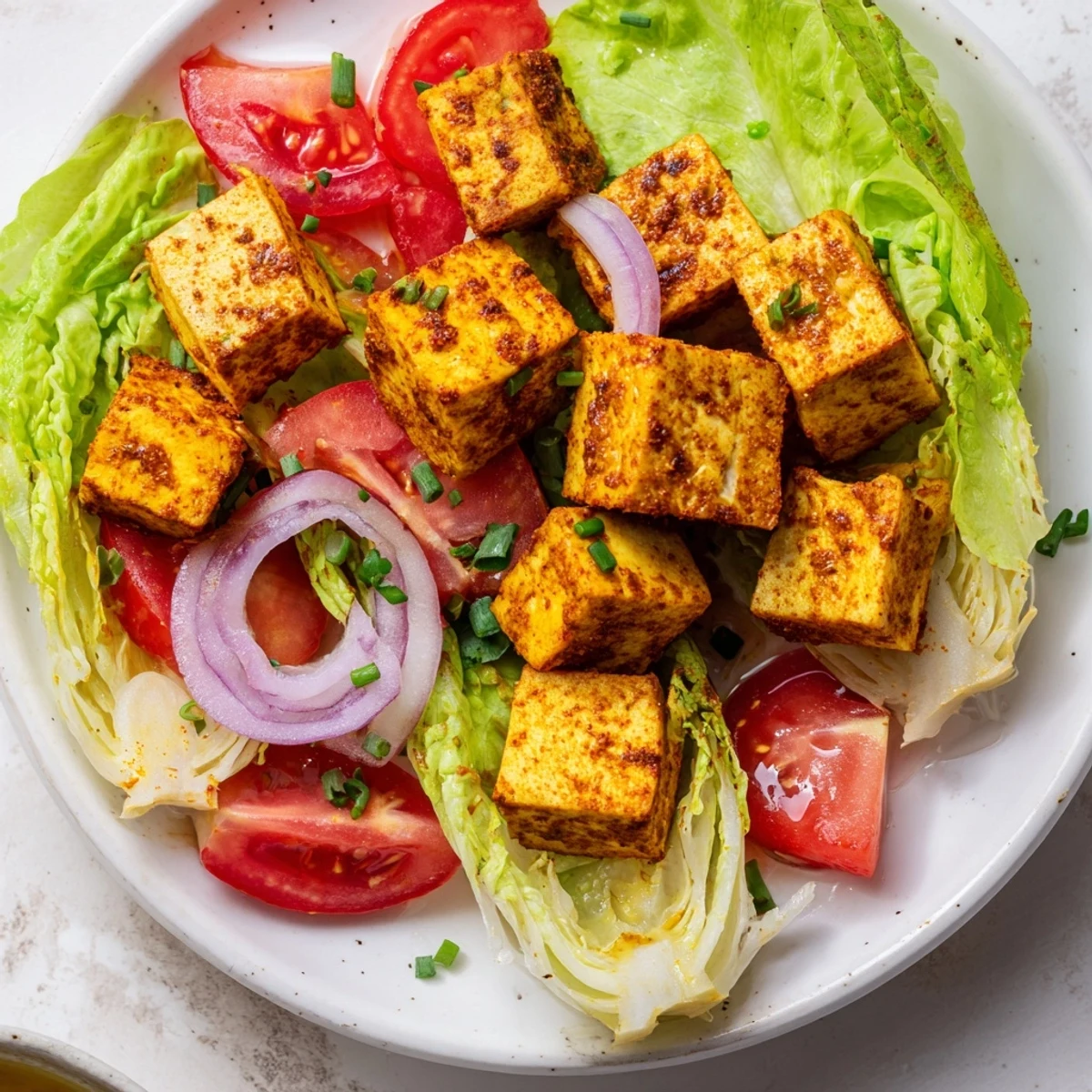 Vegan gluten-free bowl with seasoned tofu, romaine lettuce, and colorful tomato slices
