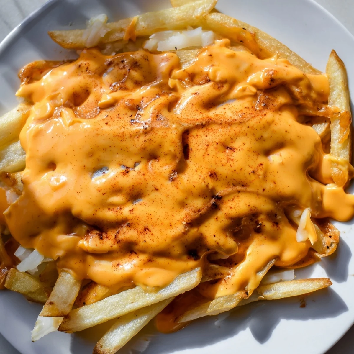 Creamy cheddar and mozzarella cheese sauce for fries served in rustic white bowl