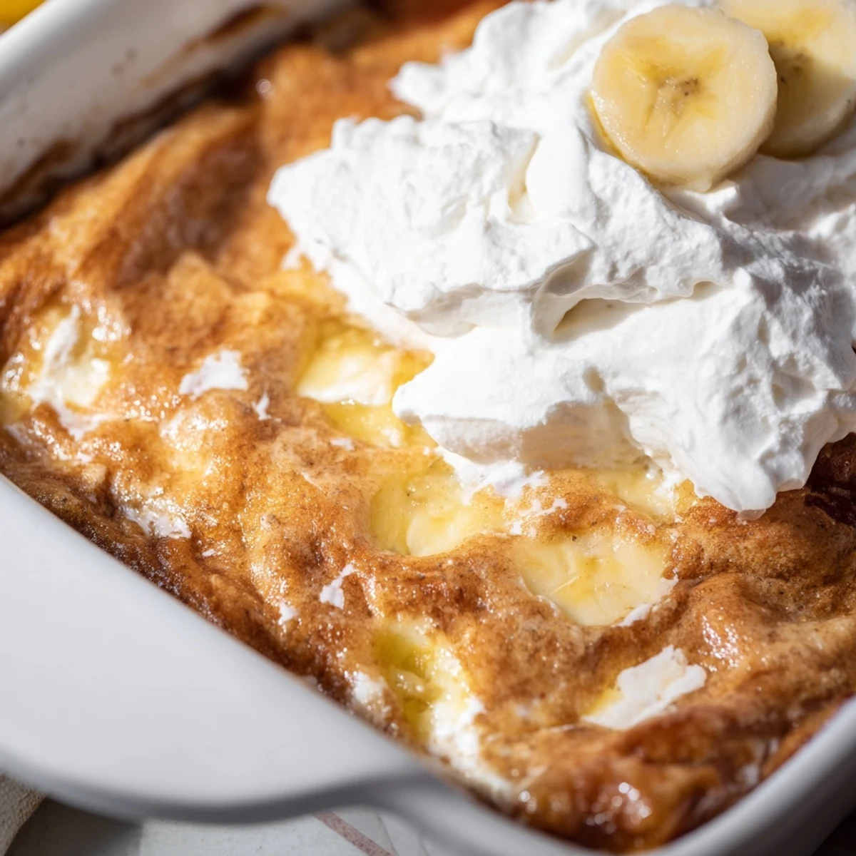 Golden Southern banana pudding cheesecake dump cake topped with fluffy whipped cream and fresh banana slices