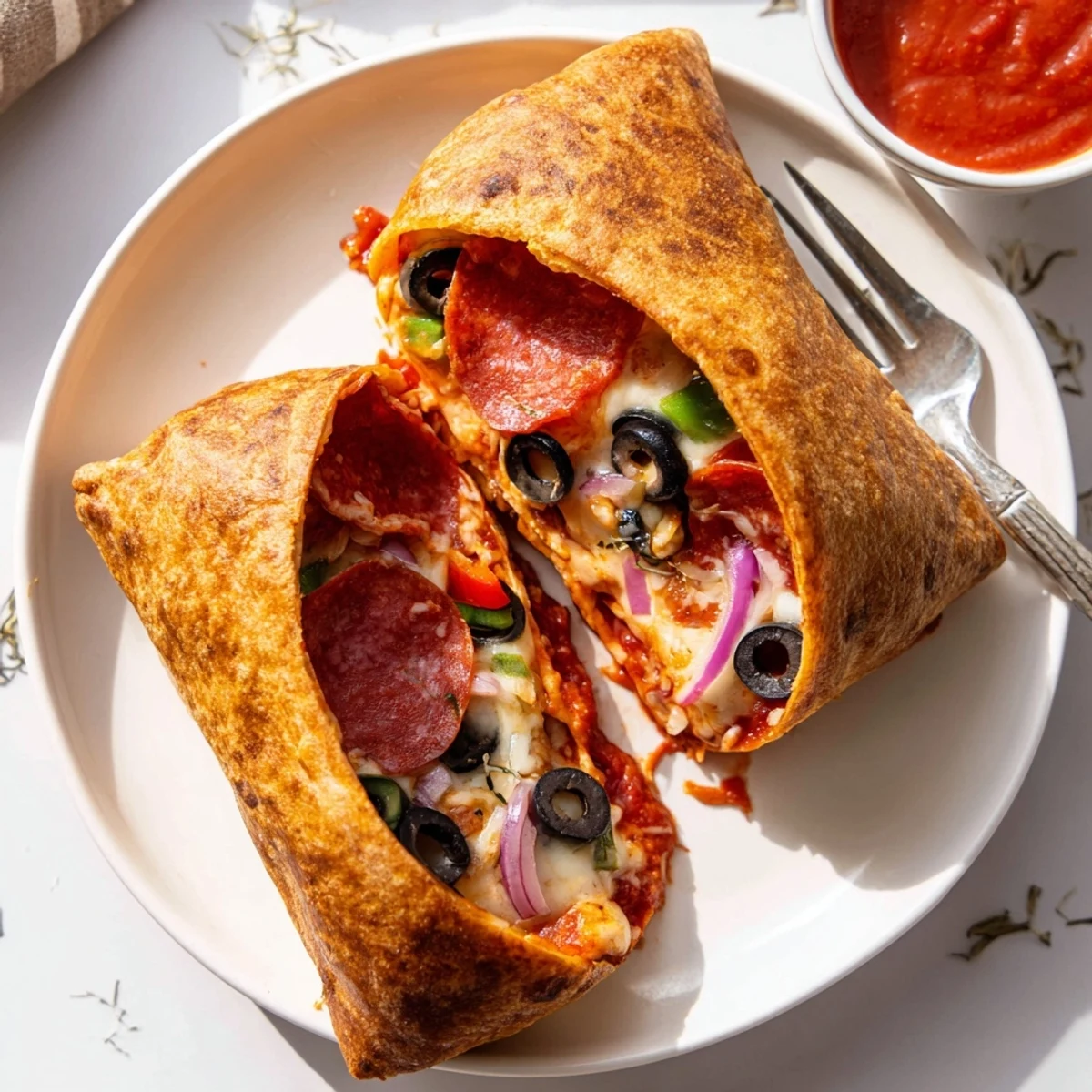 Crispy air fried pizza burritos with oozing cheese and bell pepper filling on white plate