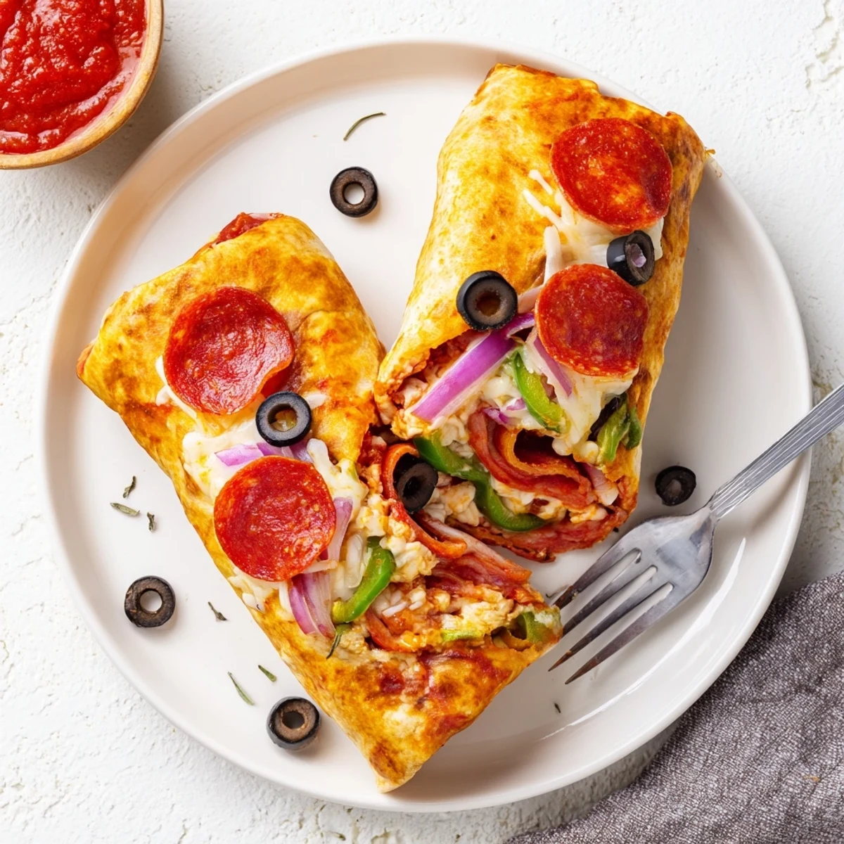 Steaming hot pizza burritos cross section revealing layers of sauce pepperoni and melted cheese