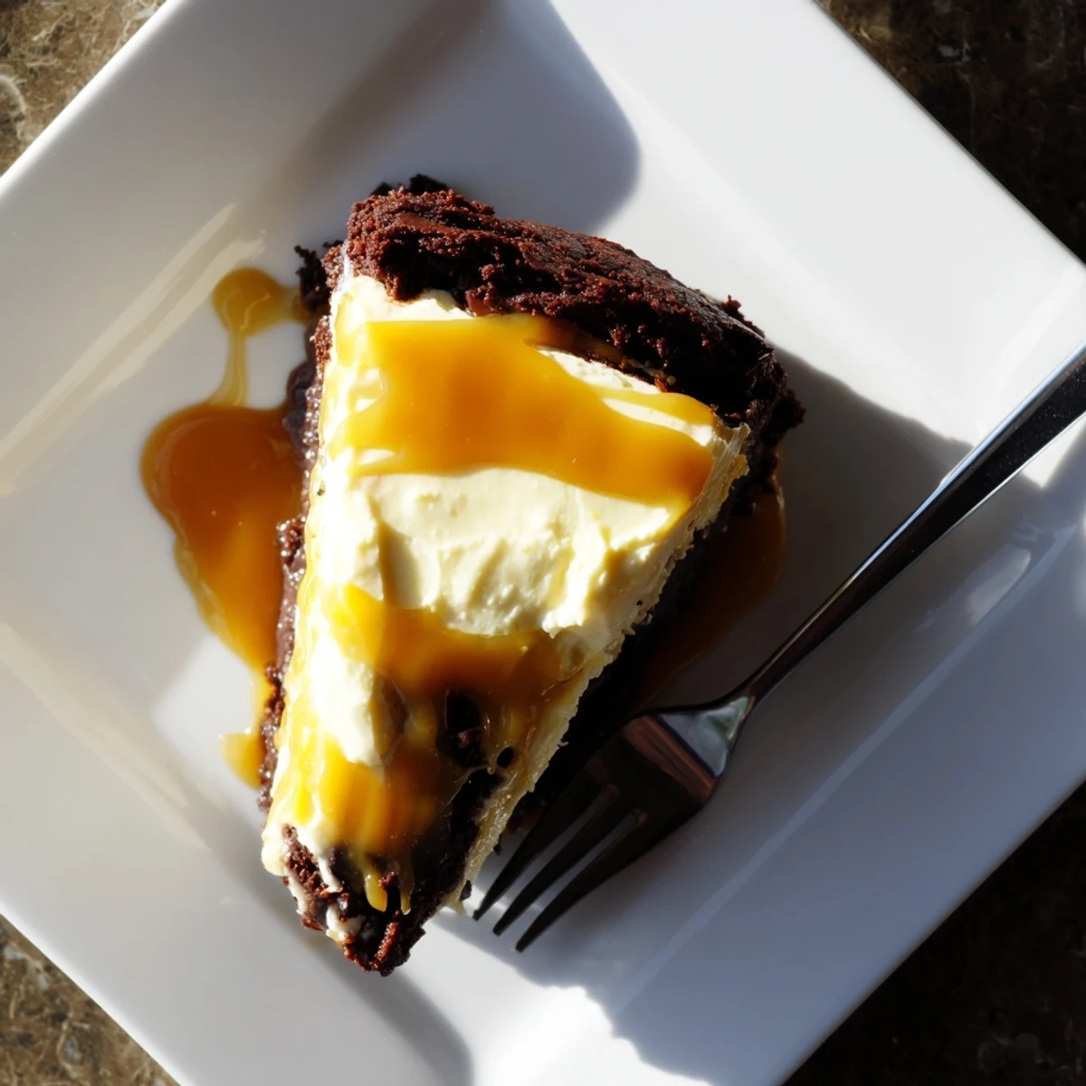 Decadent caramel brownie cheesecake bars showcasing fudgy chocolate layers topped with glossy golden caramel sauce