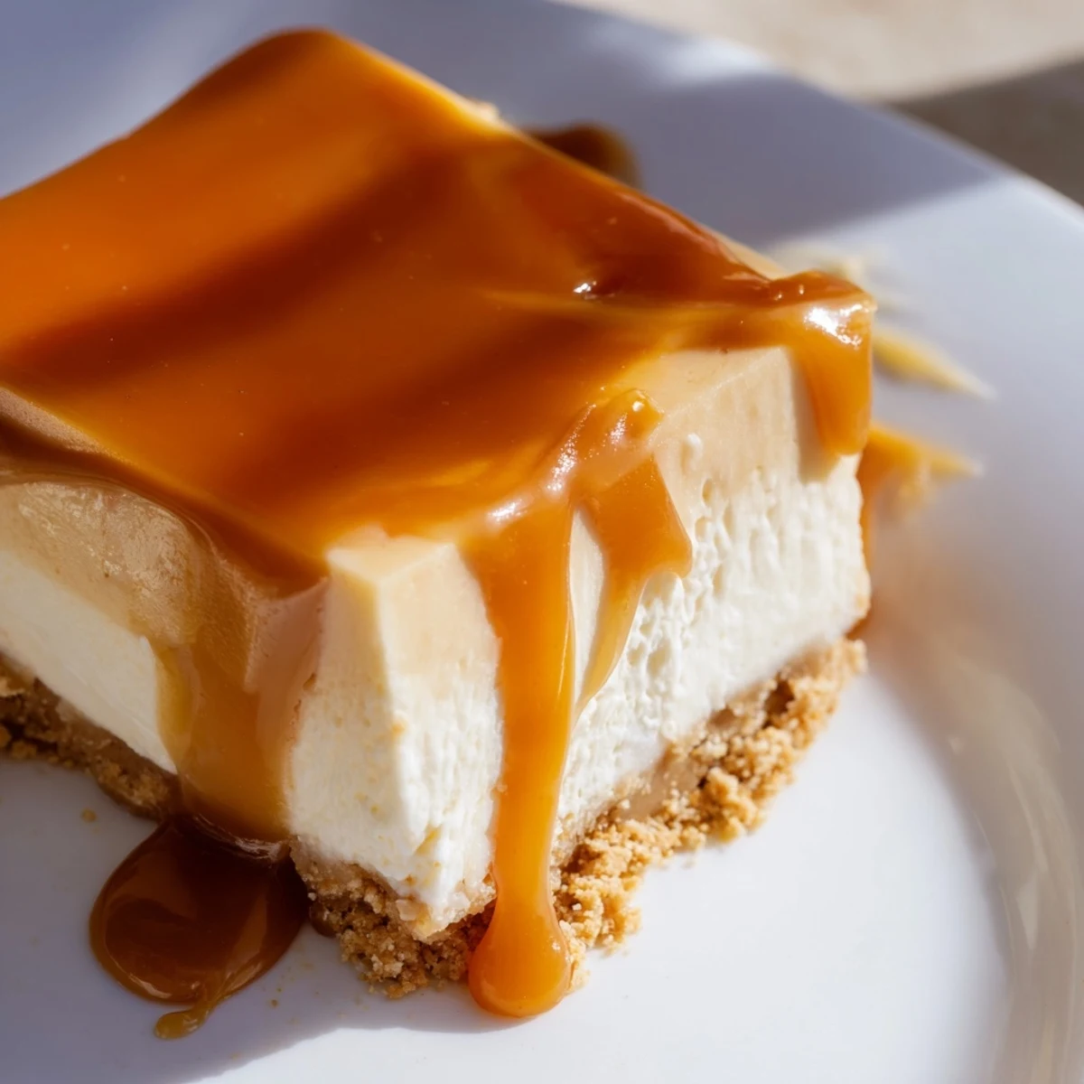 Individually cut caramel cheesecake bars showing layered crust and smooth caramel glaze