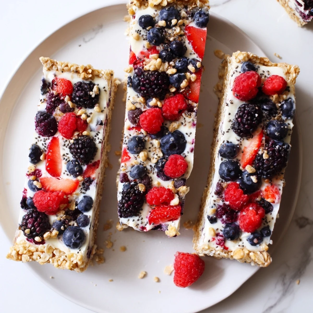 No bake frozen yogurt berry granola bars layered with creamy yogurt, colorful fresh berries, and crunchy granola base