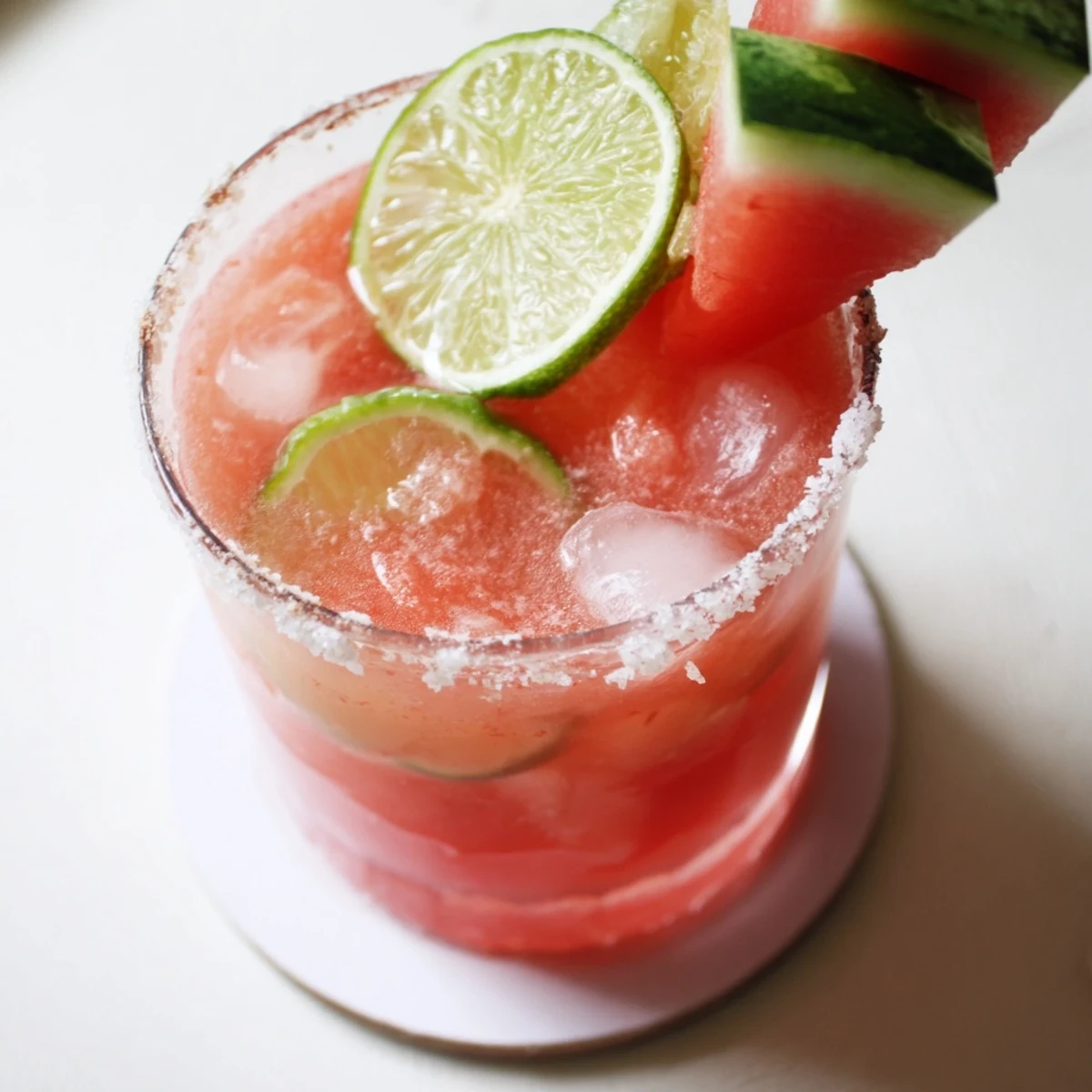 Blended watermelon margarita mocktail in salt-rimmed glass topped with fresh watermelon and lime