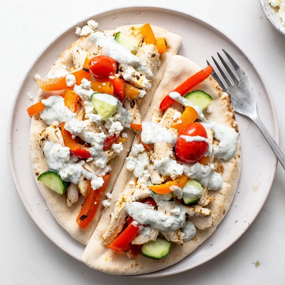Golden sheet pan chicken pitas stuffed with roasted vegetables and creamy herby ranch sauce