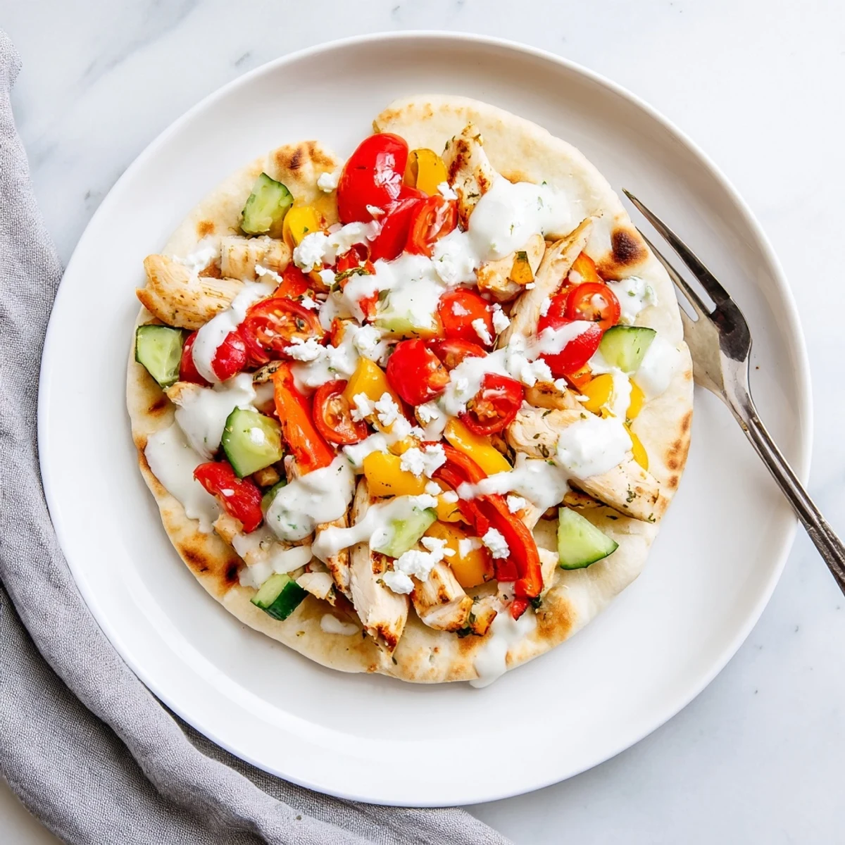 Warm pita bread filled with spiced chicken strips and colorful peppers topped with tangy ranch