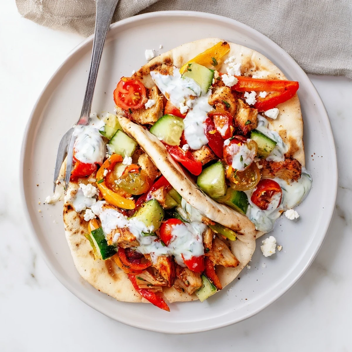 Complete chicken pita plate with cherry tomatoes, cucumber crumbles and homemade herb ranch dressing