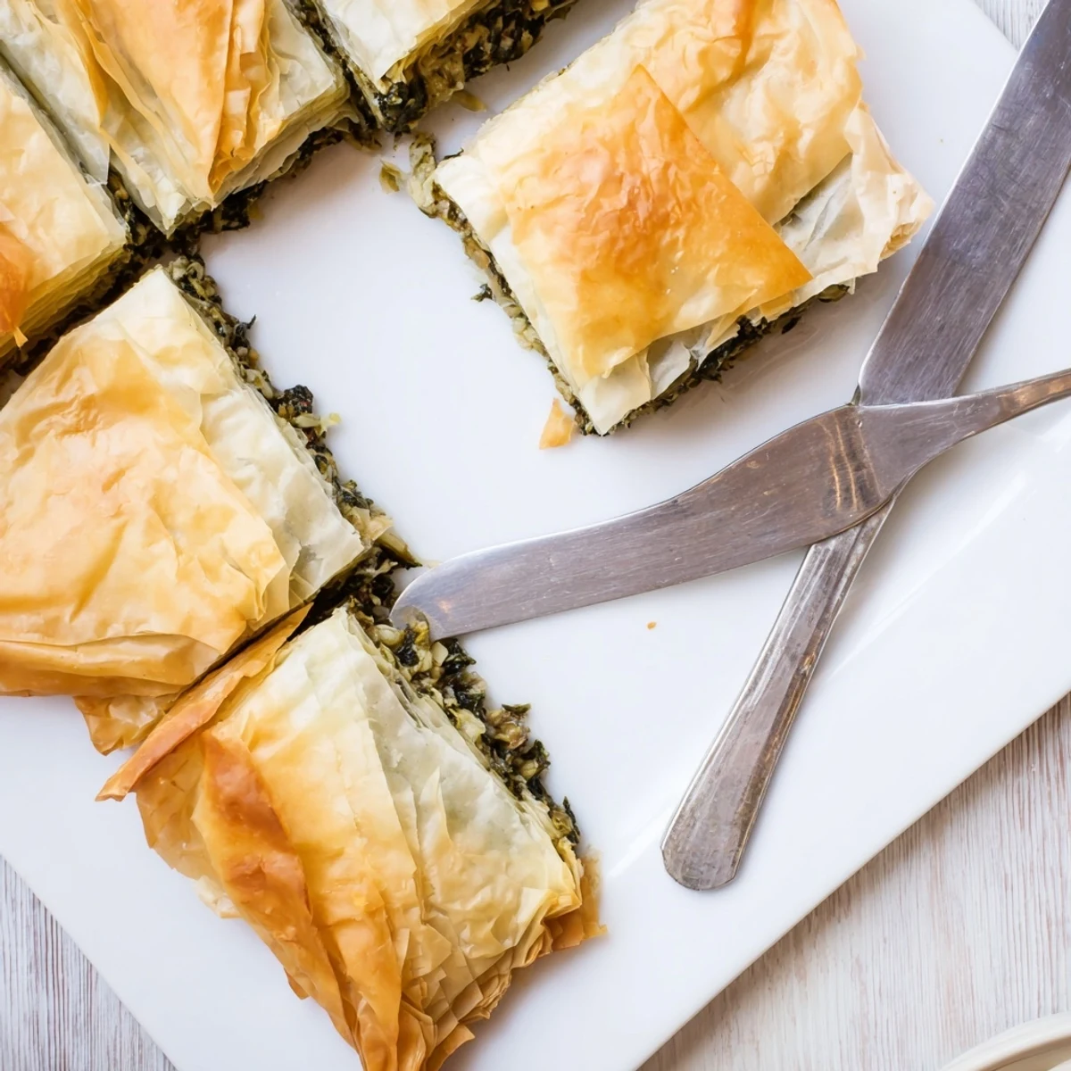 Crispy layered authentic Greek spanakopita pie sliced into squares showing creamy green herb filling
