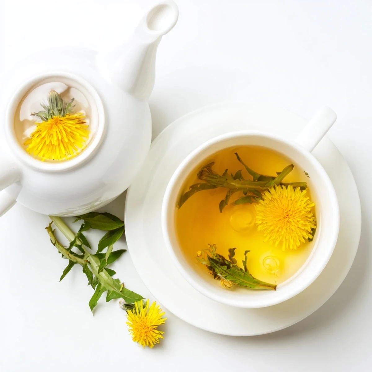 Golden dandelion tea steaming in a white ceramic mug with fresh lemon wedge