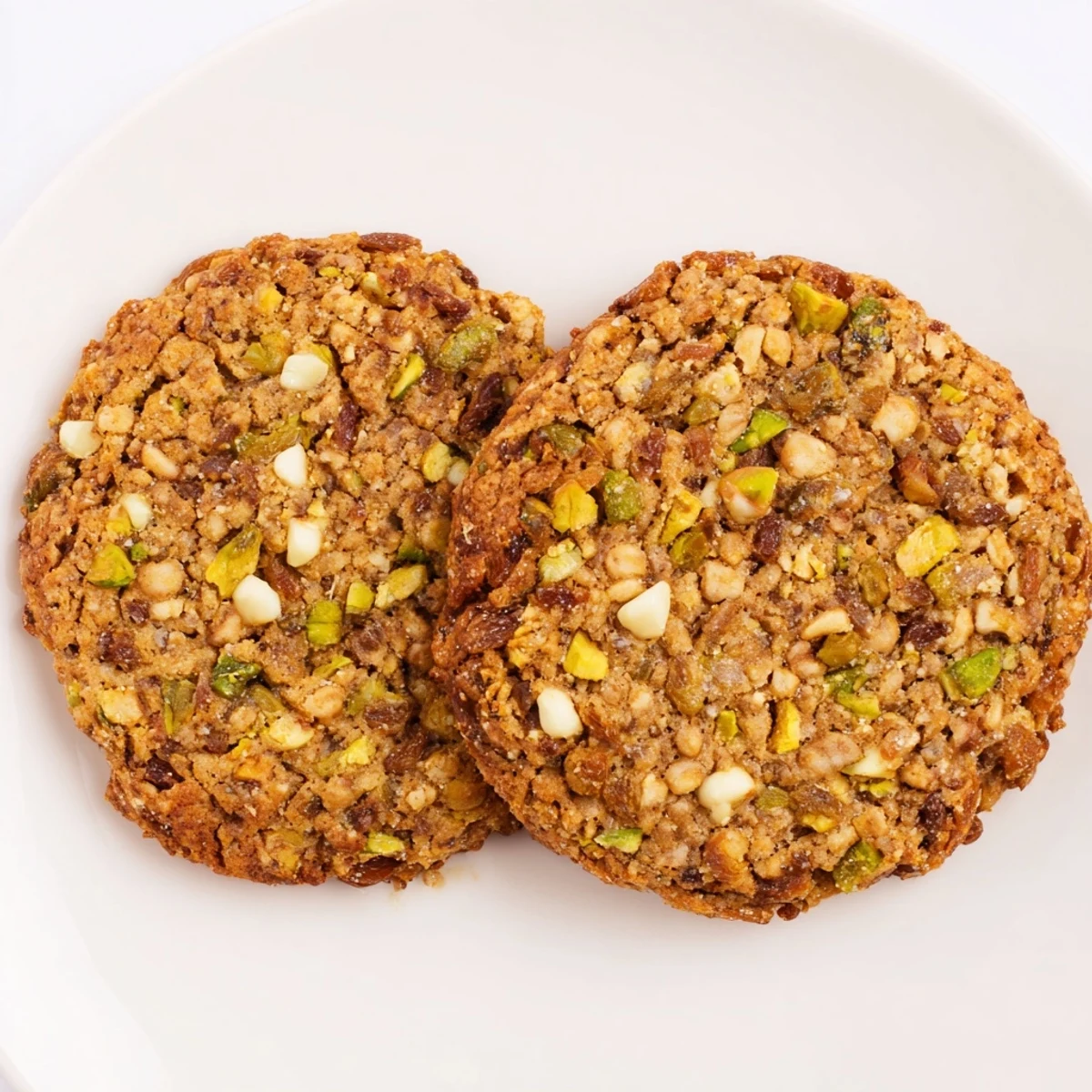 Golden brown Dubai chewy cookie studded with green pistachios and dark sweet dates