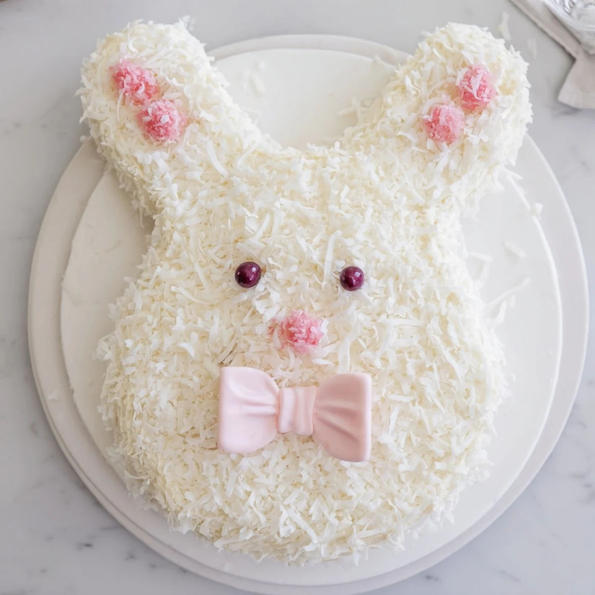 Festive spring bunny cake decorated with shredded coconut, fondant ears, and jelly bean facial features
