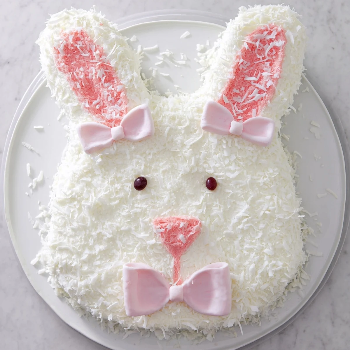 Whimsical vanilla bunny cake topped with creamy buttercream frosting and colorful Easter candy decorations