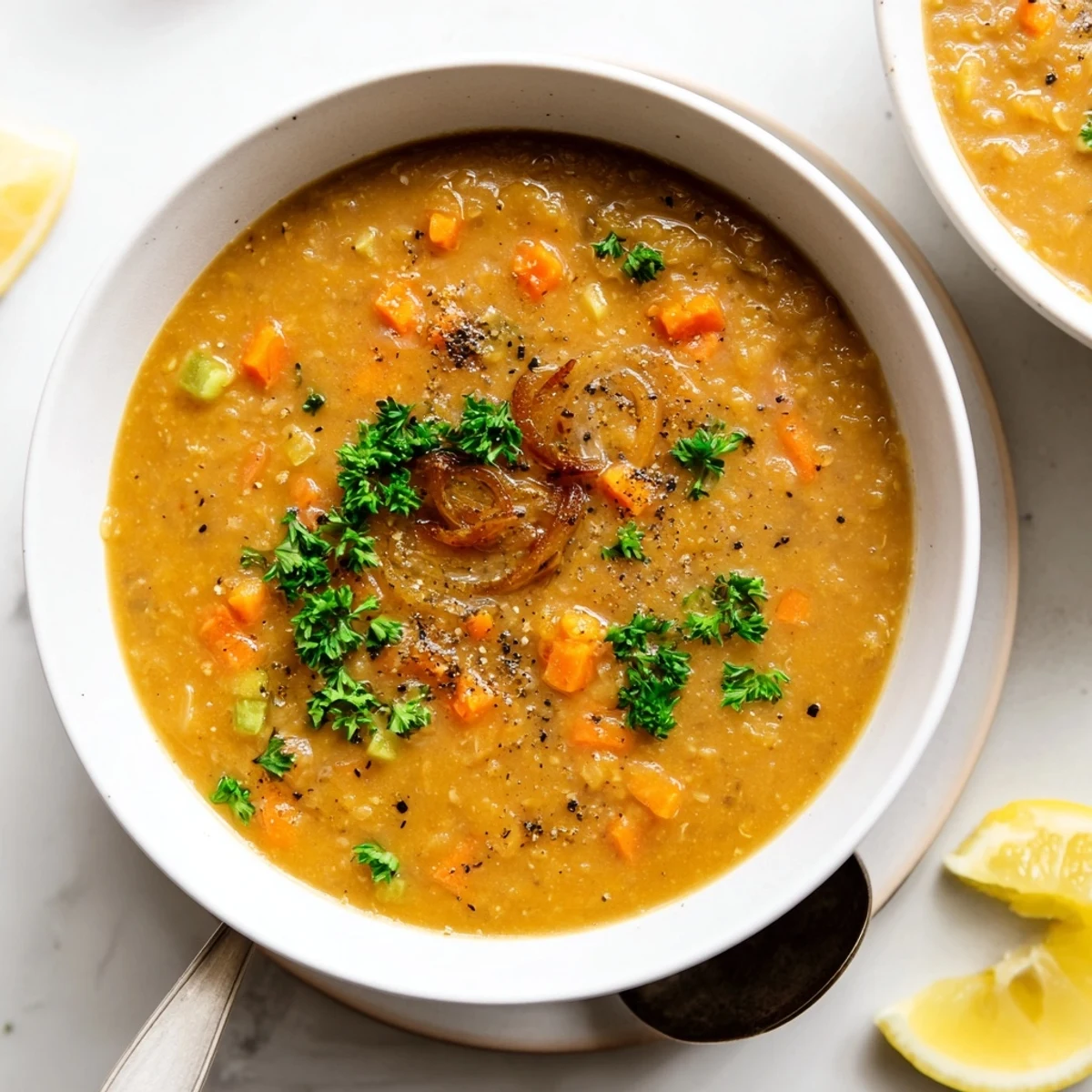 Creamy caramelized onion red lentil soup in a white bowl garnished with fresh parsley