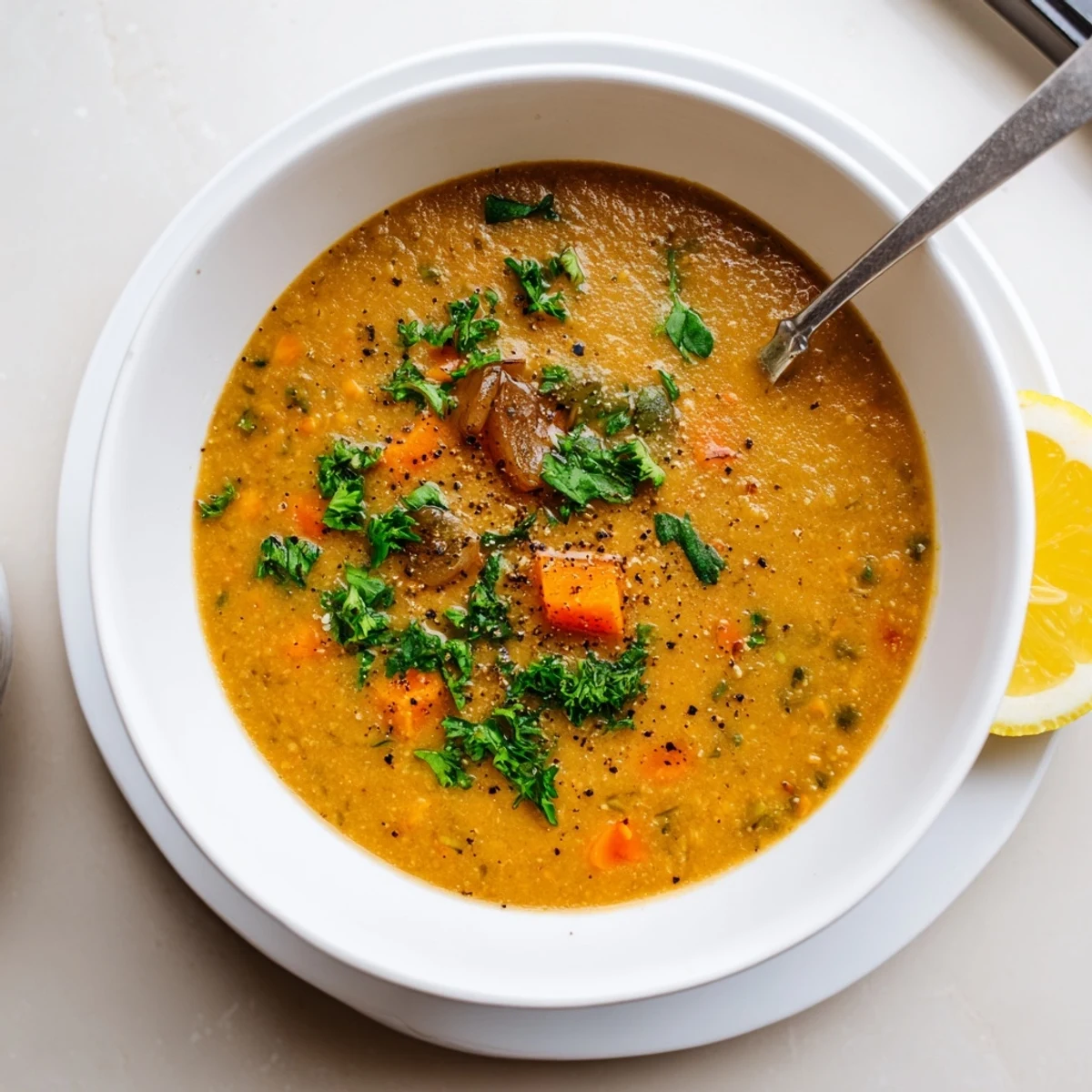 Golden caramelized onions and tender red lentils simmer in this warming vegetarian soup