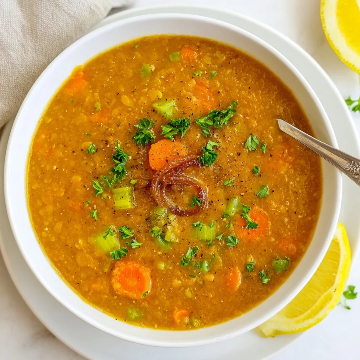 Steam rises from a rustic bowl of caramelized onion red lentil soup on a wooden table