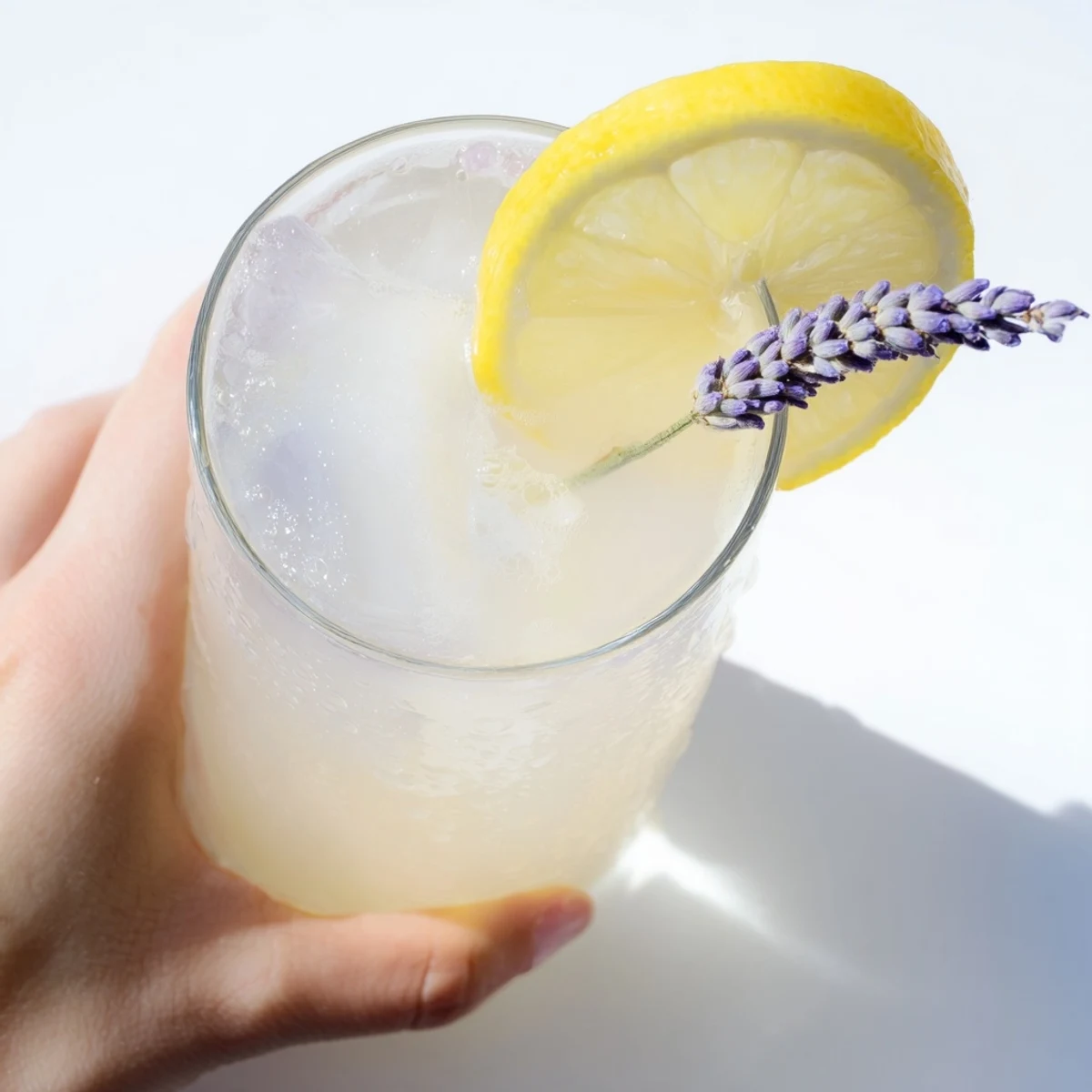 Refreshing lavender lemonade served over ice in a mason jar with delicate lavender flowers floating on top